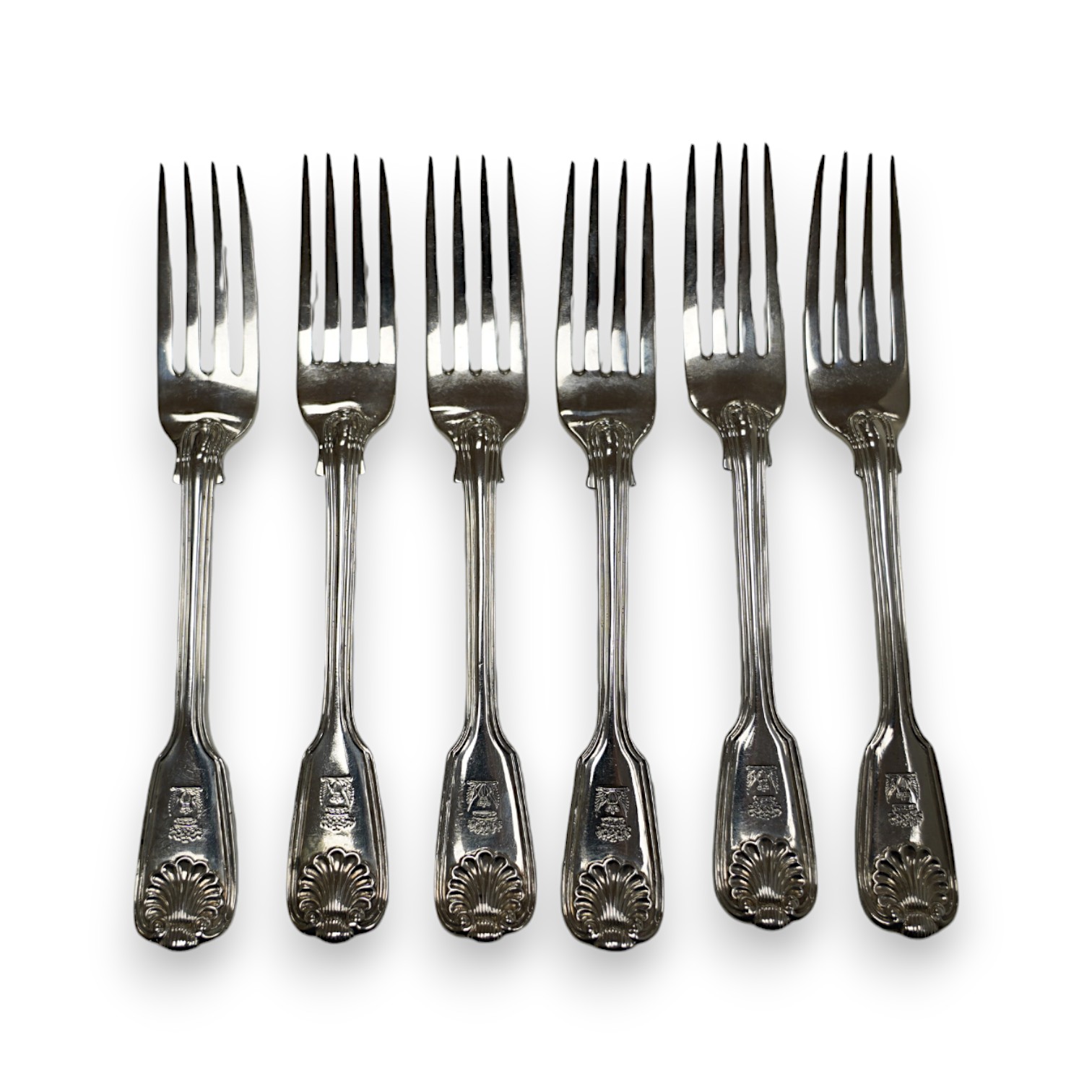 A set of six early Victorian silver fiddle, thread and shell pattern dessert forks, by Mary Chawner, London, 1838, 17.3cm, 12oz. Condition - poor to fair